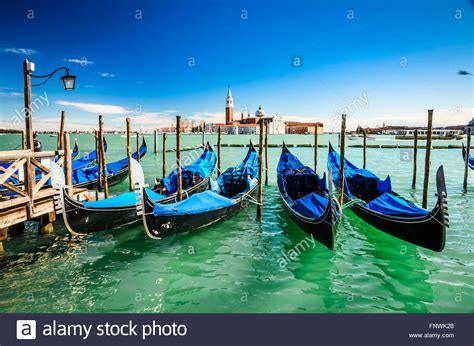 Venice Italy Gondolas Moored By San Marco Square With San Giorgio Di