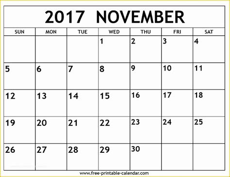 Free Calendar Template 2017 November Of November 2017 Printable