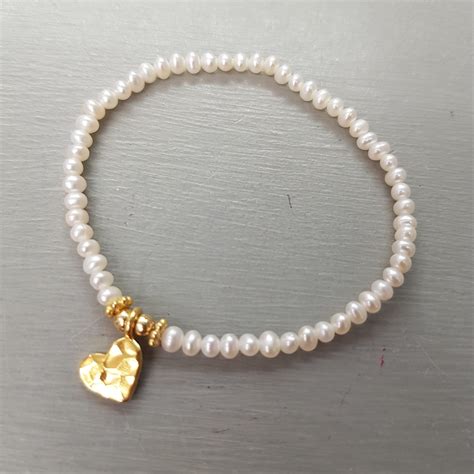 Tiny Freshwater Pearl Stretch Bracelet Sterling Silver Hammered Heart