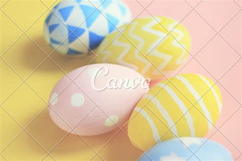 Pastel And Colorful Cute Easter Eggs With On Colorful Background