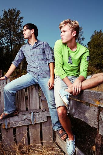 Two Male Friends Pose On Fence Stock Photo Download Image Now Adult