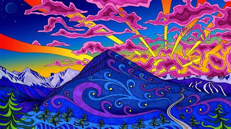 Psychedelic Colorful Lines Nature Mountain Trees Snowy Peak Moon