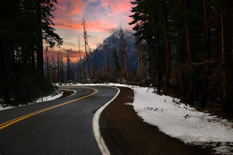 Wallpaper Road Turn Trees Forest Snow Hd Widescreen High