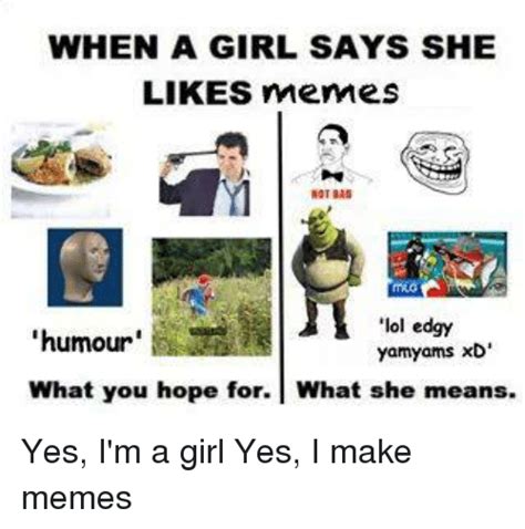 When A Girl Says She Likes Memes Not Bad Lol E Humour Yamyams Xd What You Hope For What She