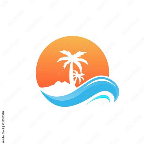 Palm Tree With The Waves Of Ocean At Beach On Sunset Vector Logo Design