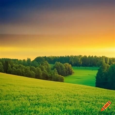 A Beautiful Sunrise Over Green Landscape On Craiyon