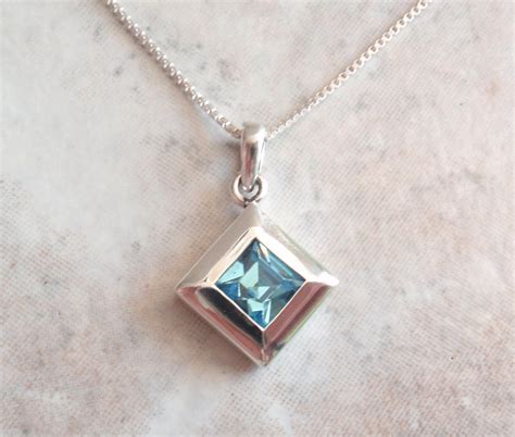 Blue Gemstone Necklace Sterling Silver Square Vintage At0076