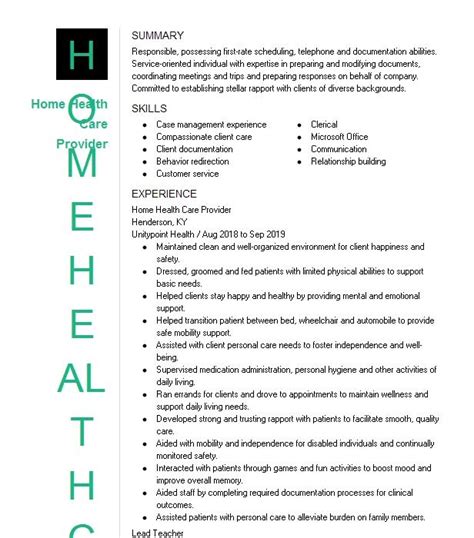 Home Health Care Provider Resume Example