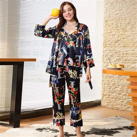 Ps0145 Satin Silk Pyjamas Nightwear 2018 New Brand Women Sleepwear Flower Print 3 Pieces Set