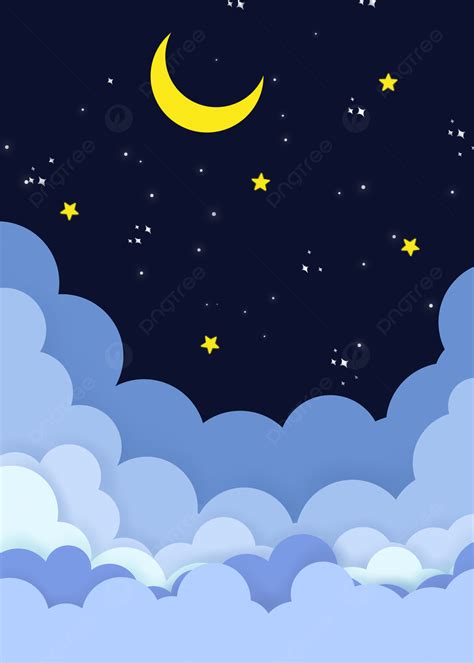 Cartoon Paper Cut Moon Stars And Clouds In The Night Sky Background