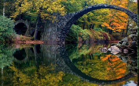Nature Landscape Fall Colorful Bridge Forest Reflection River