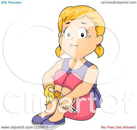Clipart Of A Lonely Blond Girl Crying And Holding A Doll Royalty Free