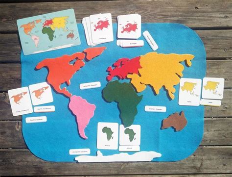 Small Felt World Map And 3 Part Continent Cards Montessori Materials