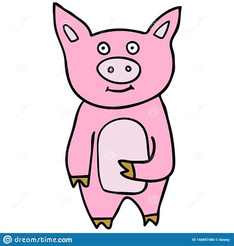 Cute Cartoon Doodle Linear Pig Isolated On White Background Stock