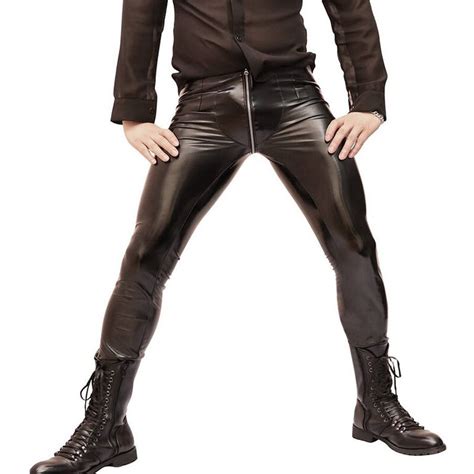 sexy men zipper open u crotch high elastic pvc shiny pencil pants fashion punk glossy style