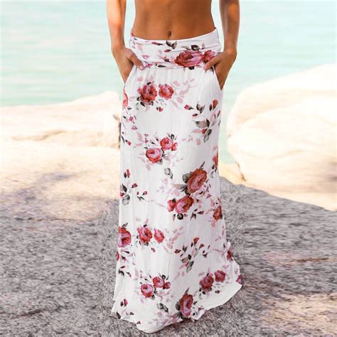 Women Summer Elegant Vintage Skirt Beach Floral Prints Skirt Low Waist