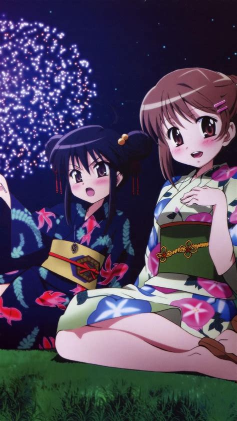 Wallpaper Two Anime Girls Fireworks Night 3840x2160 Uhd