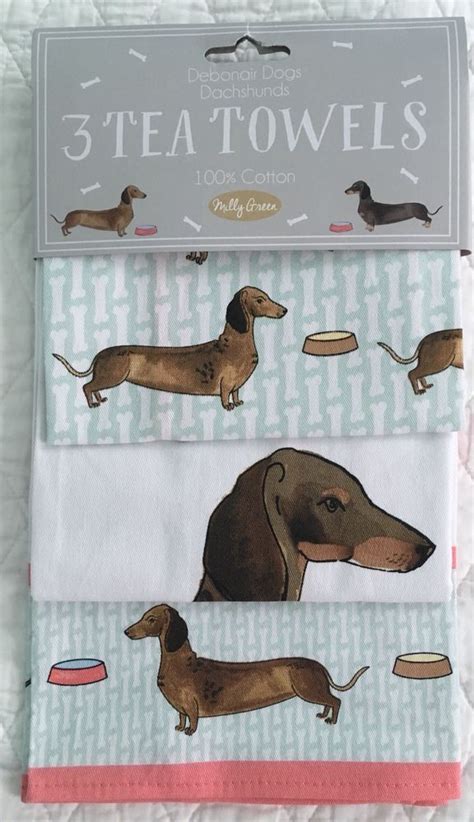 Milly Green Dachshund Wiener Dog Kitchen Tea Towels Set Of 3 Cotton New