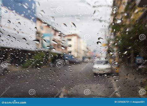 Road View Through Car Window With Rain Drops Stock Image Image Of