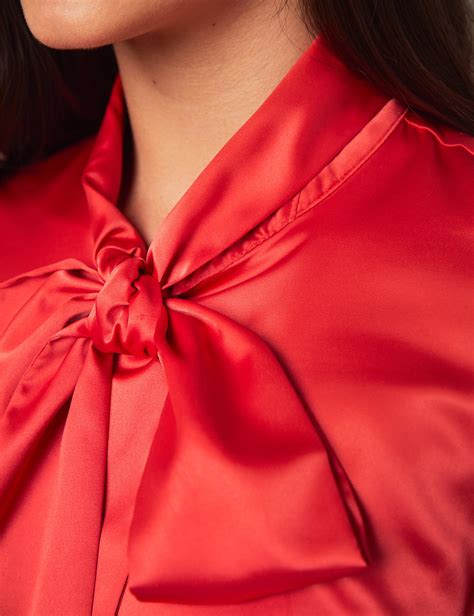Womens Paprika Red Fitted Luxury Satin Blouse Pussy Bow Hawes And Curtis