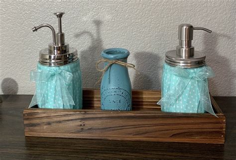 160+ diy mason jar crafts and gift ideas. Mason Jar Bathroom Set with Tray, Turquoise Print Set with 2 Dispensers, 4 piece Mason jar ...