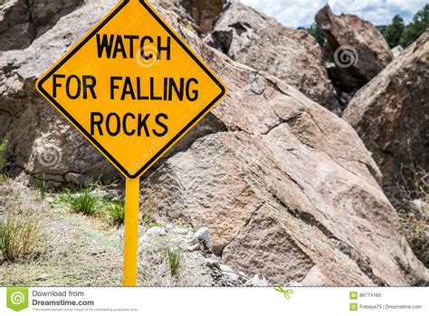 Falling Rocks Danger Warning Road Sign Stock Photo Image
