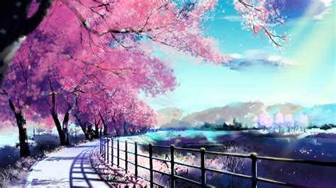 Cherry Blossoms Road Sky Spring Painting Wallpaper 1920x1080