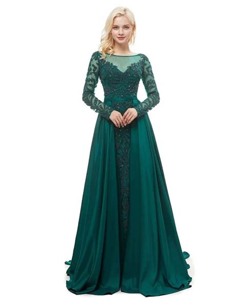 Modest Long Sleeves Dark Green Formal Dress Gown 2019 With Beading G007
