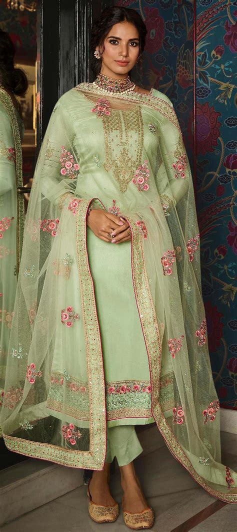 Festive Reception Green Color Tussar Silk Fabric Salwar Kameez 1670723