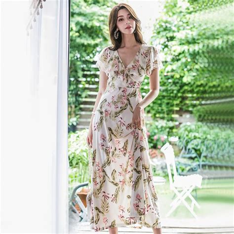 Foamlina Sexy Women Floral Print Long Dress Summer Fashion V Neck Butterfly Sleeve Ruffles A