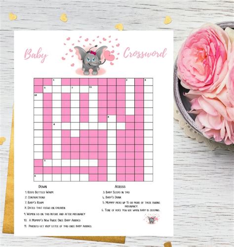 Pink Elephant Baby Shower Crossword Puzzle Printable Game Etsy