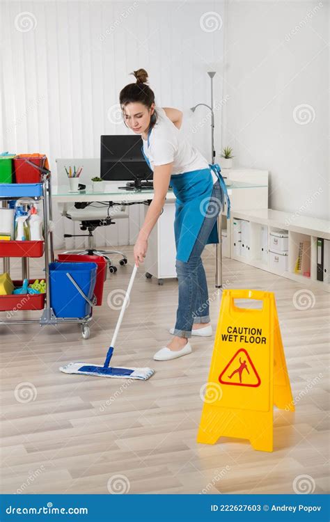 Female Janitor Mopping Wooden Floor Stock Image Image Of Board