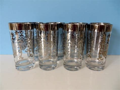 Vintage Set Of Eight Silver Rim Highball Glasses Kimiko