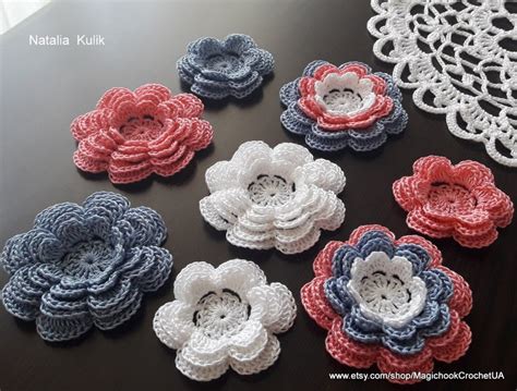 Crochet Flower Applique Motif Multi Layered Flower Etsy