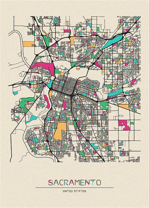 Sacramento California City Map Drawing By Inspirowl Design Fine Art