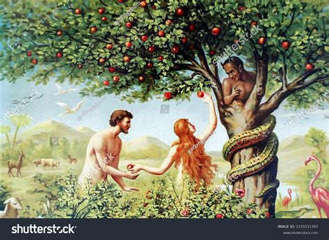 Eve Giving Adam Forbidden Fruit 04302018 Stock Photo 2155211397