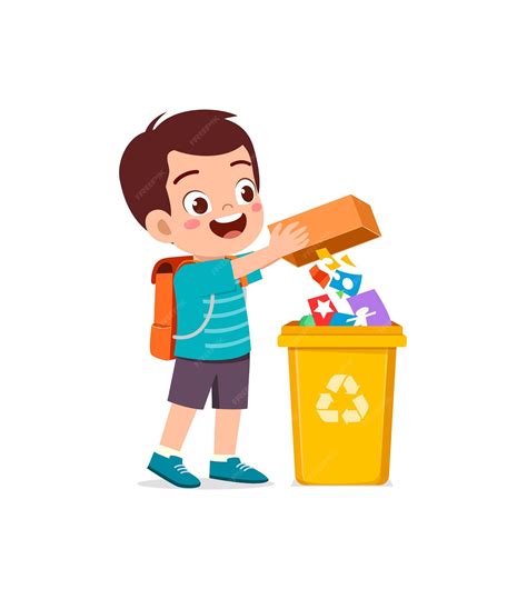 Premium Vector Little Kid Throw Trash To Trash Bin