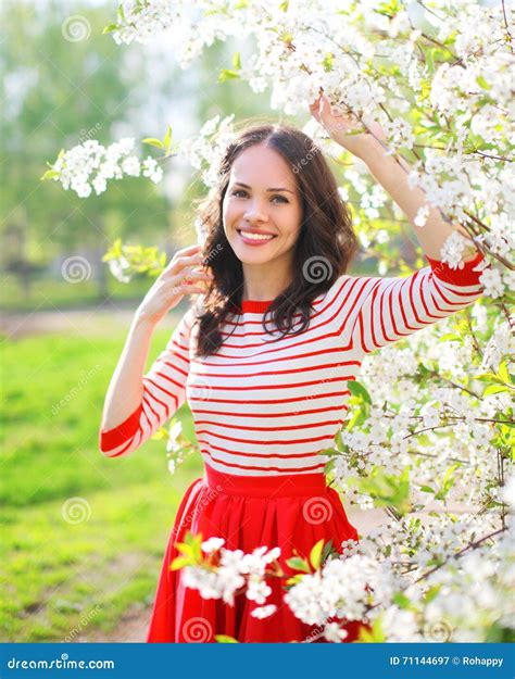 Beautiful Smiling Woman In Flowering Spring Garden Stock Image Image