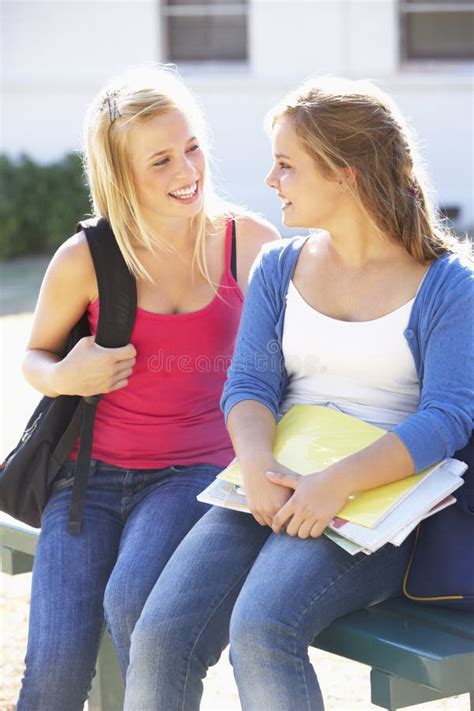 Two Female College Students Outside Campus Building Stock Photo Image