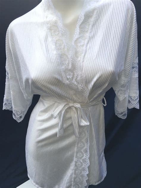 Vintage Fredericks Of Hollywood M White Satin Lace Robe Striped Made