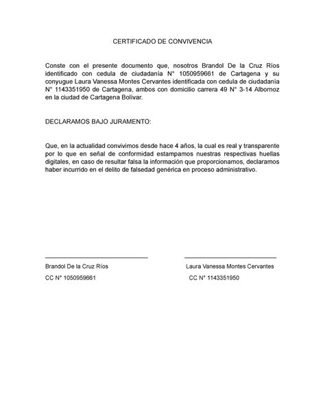 Certificado DE Convivencia CERTIFICADO DE CONVIVENCIA Conste Con El