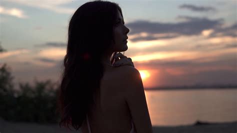 Sensual Closeup Portrait Of A Beautiful Girl At Sunset Slow Motion