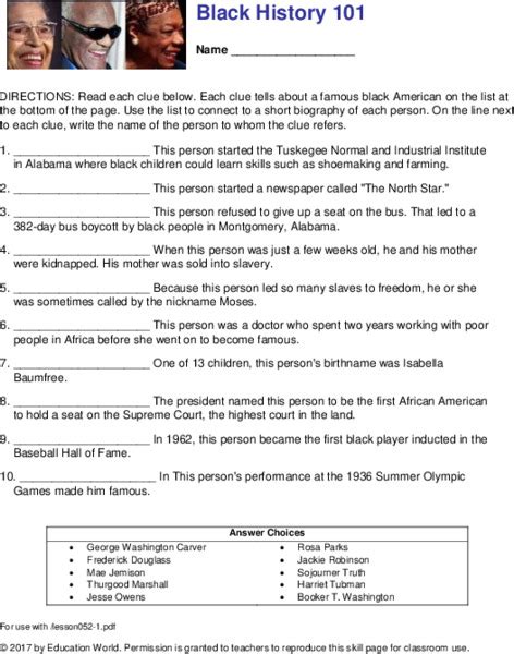 Black History 101 Worksheet For 3rd 4th Grade Lesson Planet