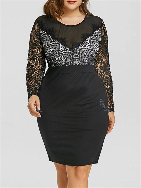 48 OFF Plus Size Lace Sheer Mesh Panel Dress Rosegal