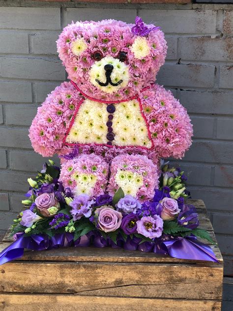 Sitting Teddy Bear Childrens Funeral Tributes Vanilla Blue Flowers