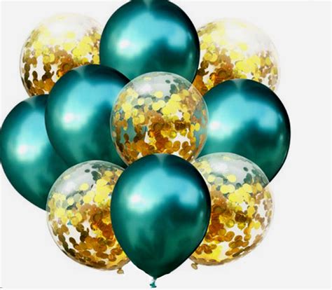 10 Pack Party Balloons 5 Metallic Green And 5 Gold Confetti Etsy