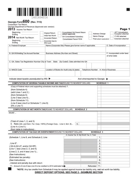 Georgia Form 600 Corporation Tax Return 20132014 Printable Pdf