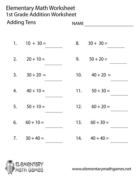 Kidzone math worksheets grade level: First Grade Adding Tens Worksheet Printable | First grade ...