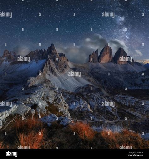 Alps Mountain Landscape With Night Sky And Mliky Way Tre Cime Di