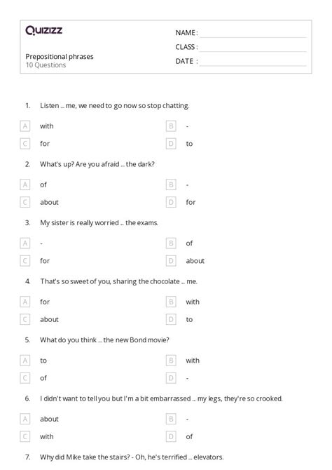 50 Prepositional Phrases Worksheets For 7th Grade On Quizizz Free